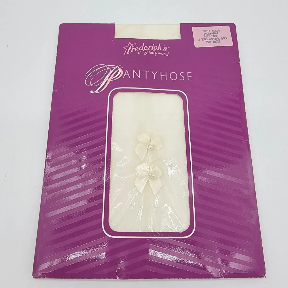 Vintage Fredericks Of Hollywood Back Bows And Pearls Ivory Pantyhose Size‎ S NOS